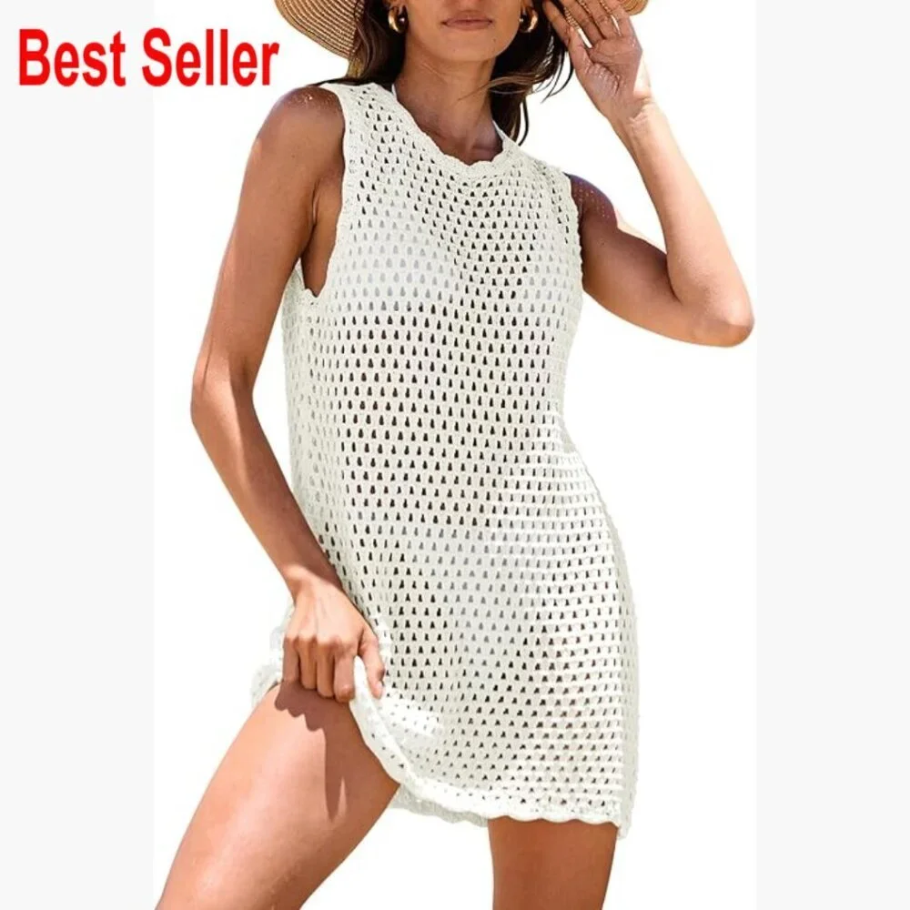 Sleeveless Knit Crochet Mini Dress Coverup, 100% Acrylic